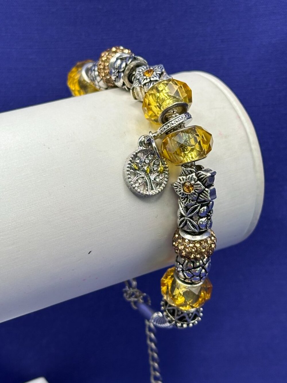 Pandora-Style Bracelet 15 Charms: Yellow, Silver-Tone & Amber-Colored Crystals